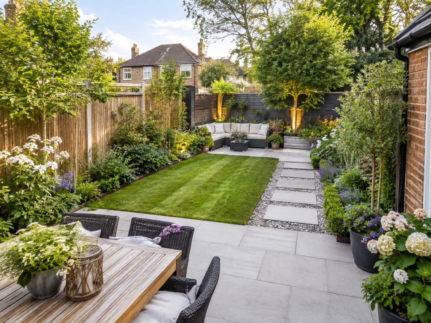 Illustrative refreshed garden with a defined lawn, planting and pathway