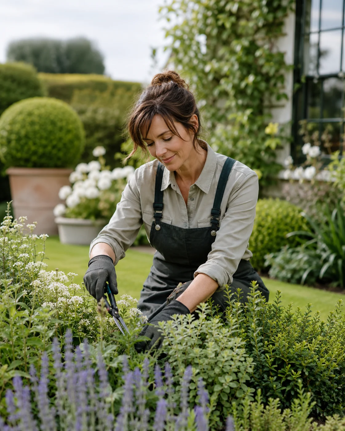 A garden specialist caring for a planted border